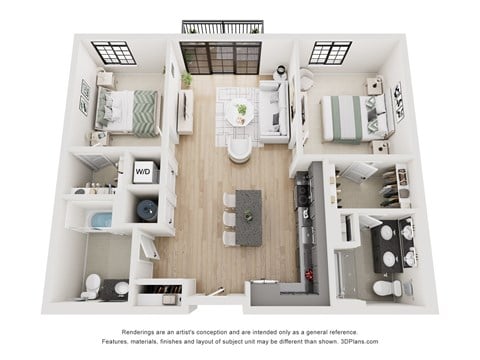 Floor plan for 2 beds, 2 baths, 1053 sqft